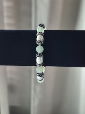 Artisan Pale Jade, Baroque Pearls and Sterling Silver Bracelet